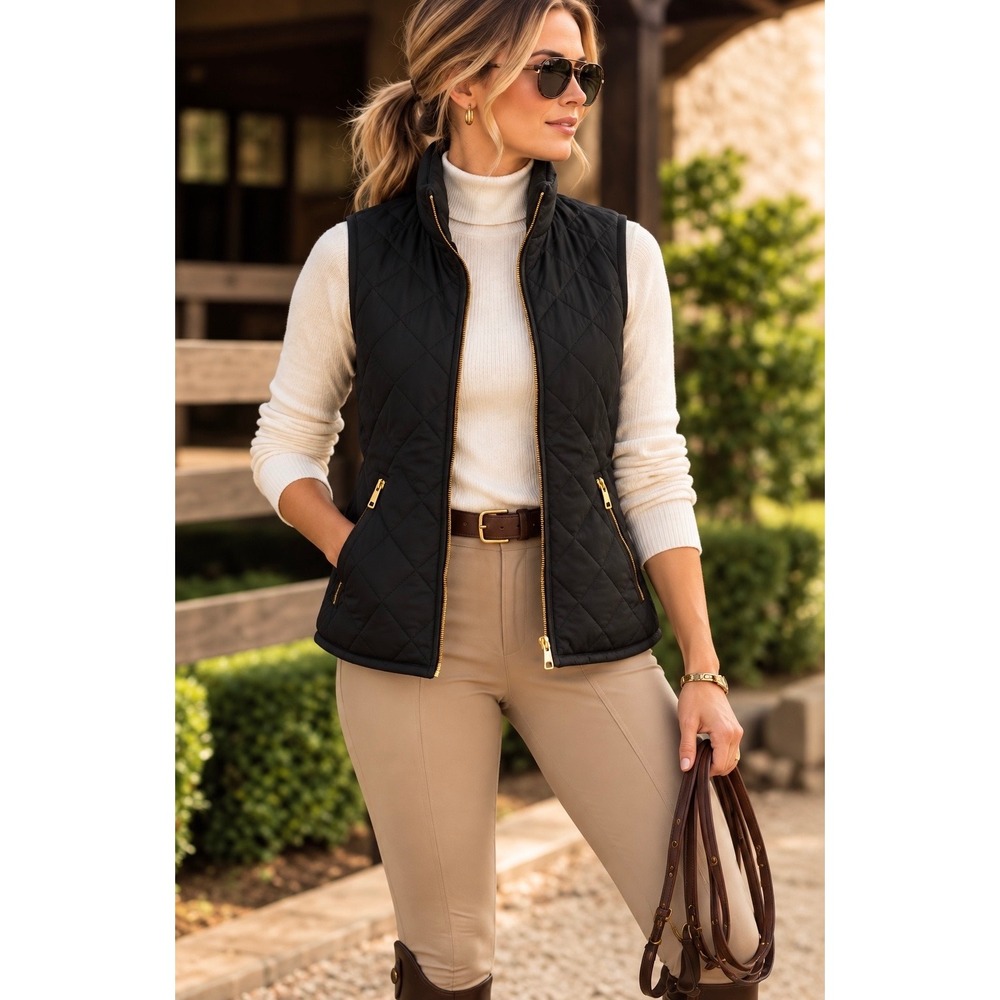 Old Navy Black Quilted Vest Women S Gold Zip Equestrian Preppy Riding